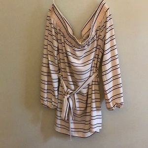 Pink, brown and white striped off the shoulder top